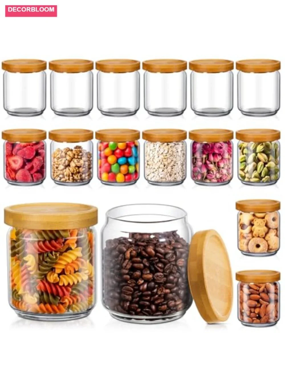 16 Pack Glass Canister Set, 17 oz Food Storage Jars with Bamboo Airtight Lids